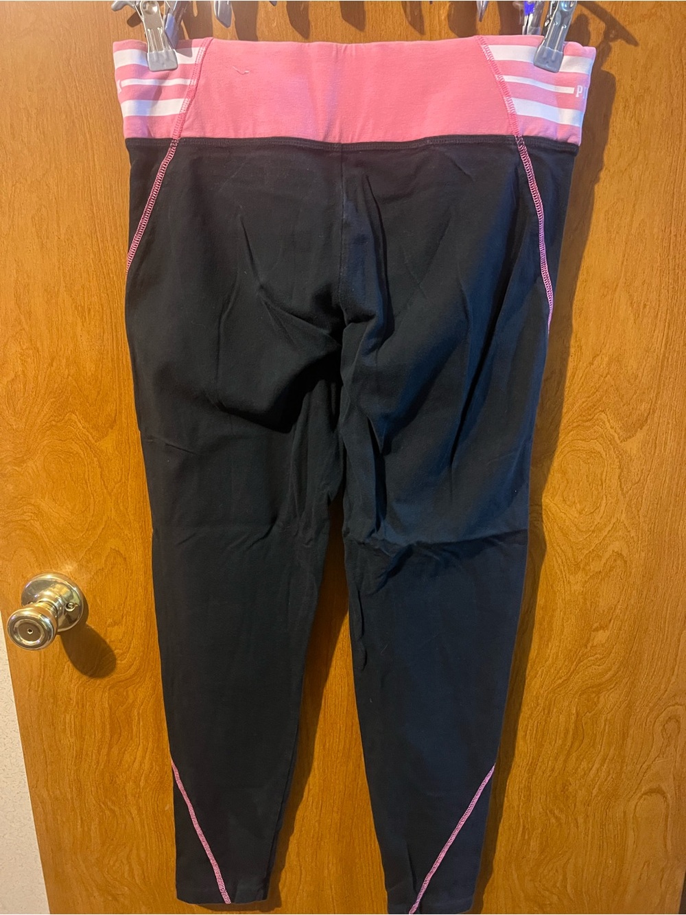 Victoria's Secret Black Leggings with Pink Waistband and Pink Side Piping - Picture 2 of 4